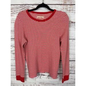 Womens American Eagle Red Pink Stripe Waffle Knit Long Sleeve Shirt Stretch Sz L